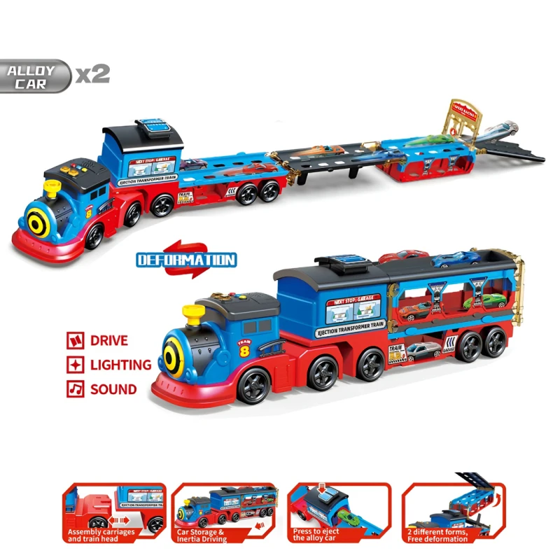 Transport Carrier Train Truck Toy with Race Track & Lights Sound - Deformation Ejection Train with 2 Alloy Cars, Vehicle Storage & Launcher Track - Kids Toy for Ages 3+